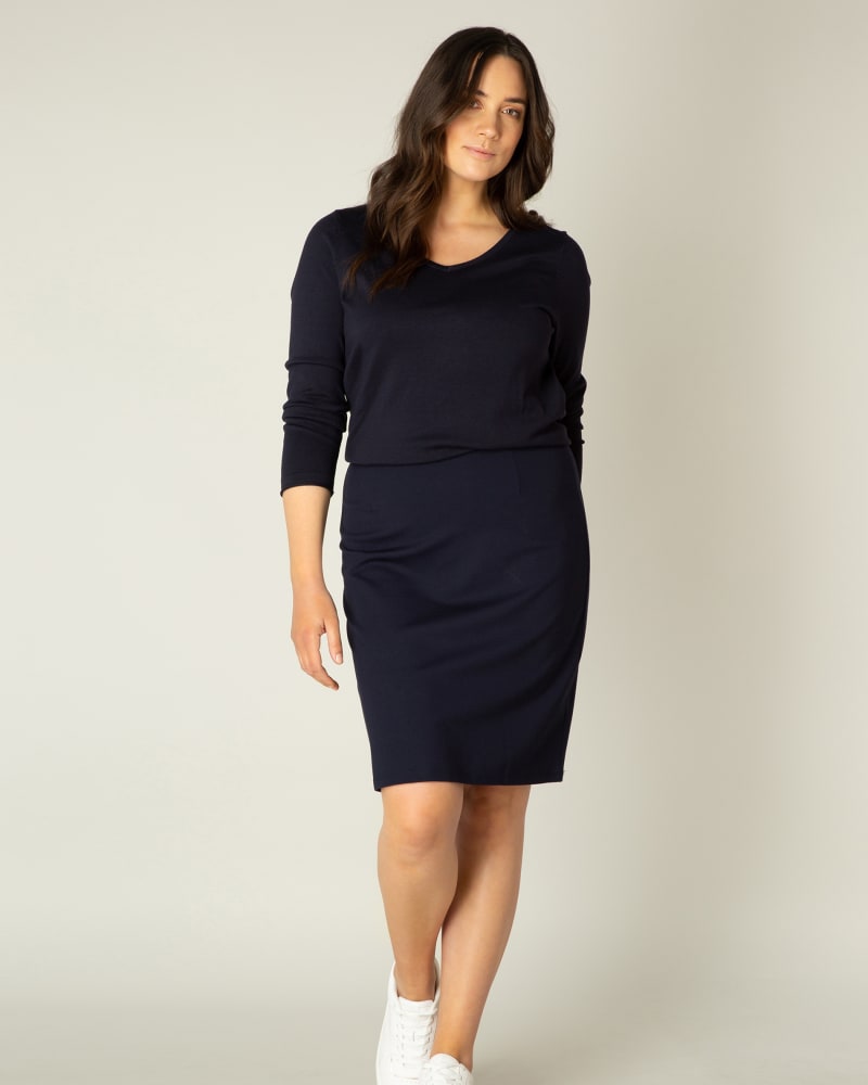 Front of a model wearing a size 0(46) Amily in Dark Blue by Base Level Curvy. | dia_product_style_image_id:279739